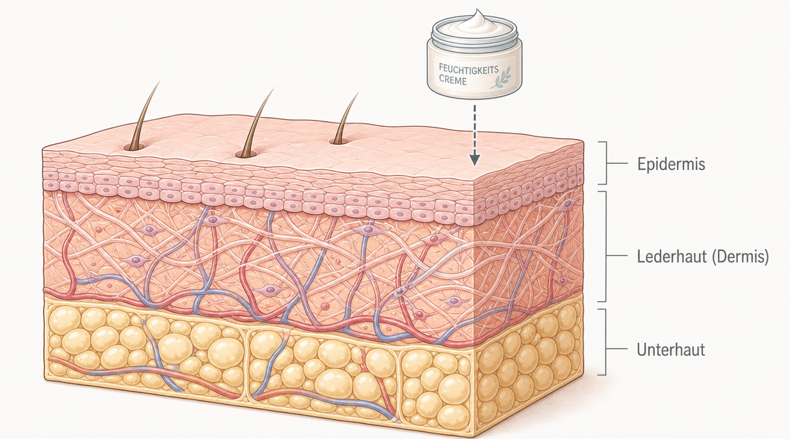 Hautquerschnitt mit Epidermis, Lederhaut und Unterhaut, Creme-Tiegel über der Epidermis