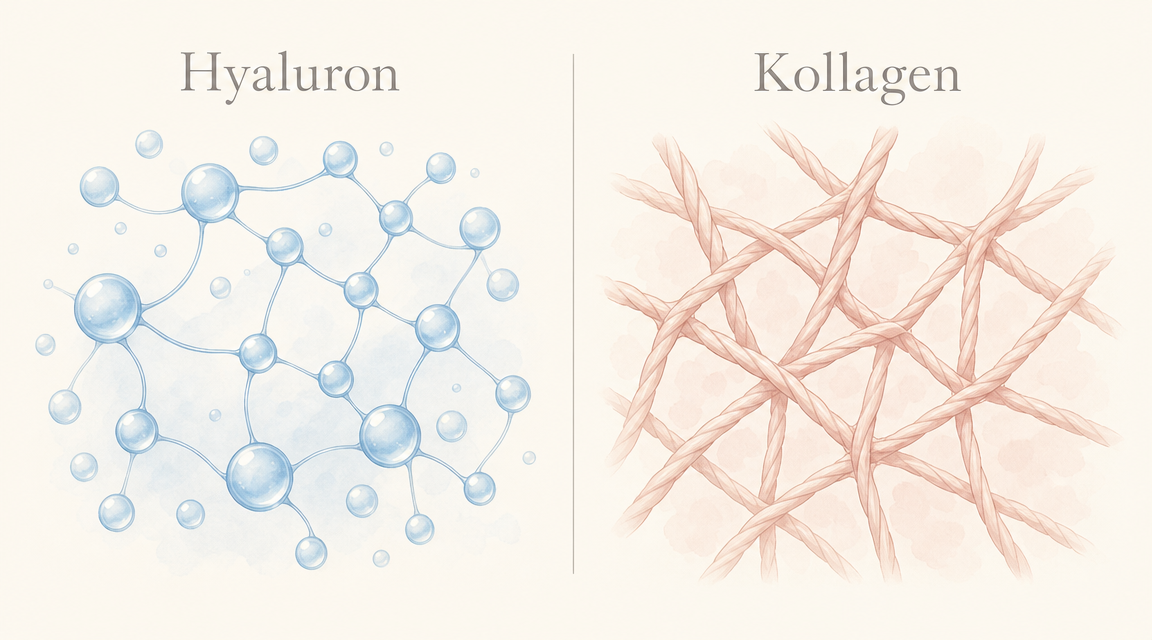 Vergleichsgrafik: Hyaluron als Wasserspeicher (links) versus Kollagen als strukturelle Faser (rechts)