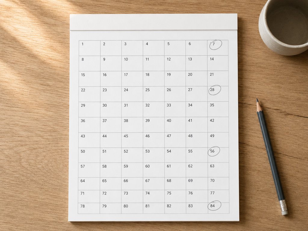 Editorial Flatlay eines Monatskalenders mit markierten Wochen 1, 4, 8 und 12, daneben ein Bleistift und eine Kaffeetasse