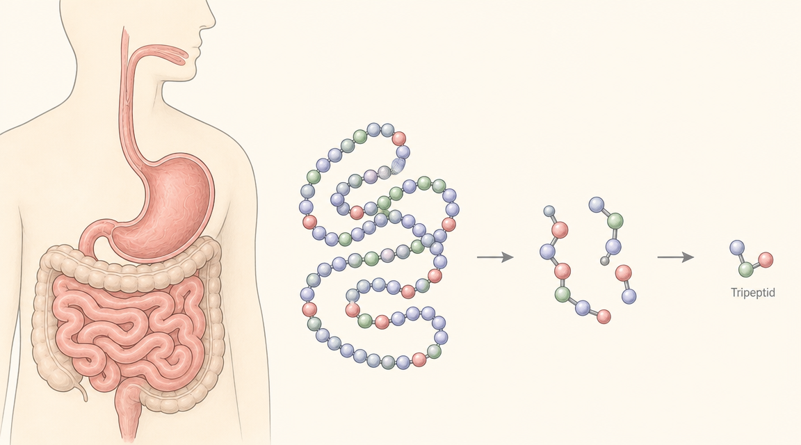 Wissenschaftliche Illustration: Verdauungstrakt mit Tripeptid-Molekülen