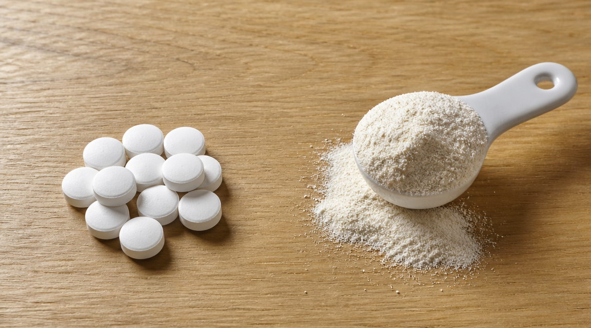 Stapel runder weißer Kollagen-Tabletten neben einem überquellenden weißen Messlöffel mit Kollagen-Pulver auf Holz